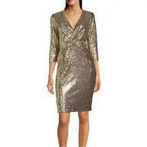 Calvin Klein V-neck Faux Wrap Sequin Mesh Dress Gold Silver Size 6 New with tags